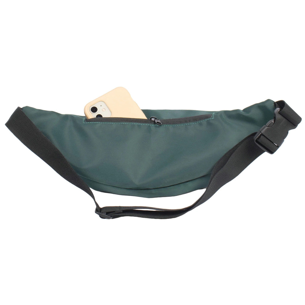 3. Back view of green Moomin waist bag by NordicBuddies showing secure inside pocket with phone