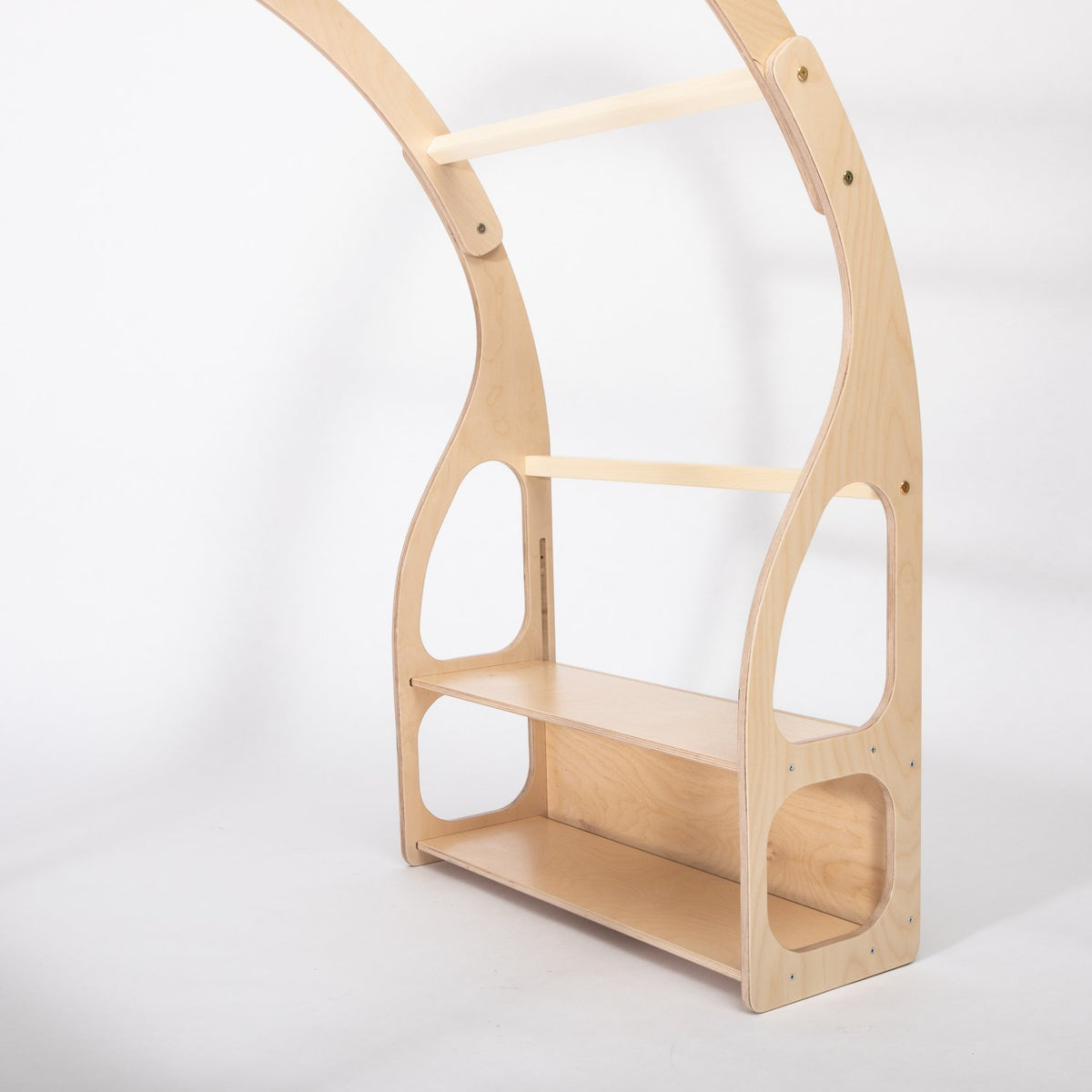 4. Close-up of single side of Montessori play stand showing shelves and birch plywood material