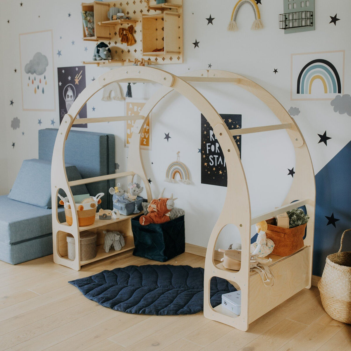 6. Montessori play stand in a children's room with toys and wall art, made from birch plywood