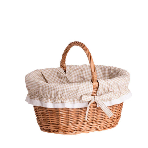 1. Eco-friendly wicker shopping basket with beige gingham lining and sturdy handle, showcasing European craftsmanship and Polish weaving traditions, perfect for groceries or picnics.