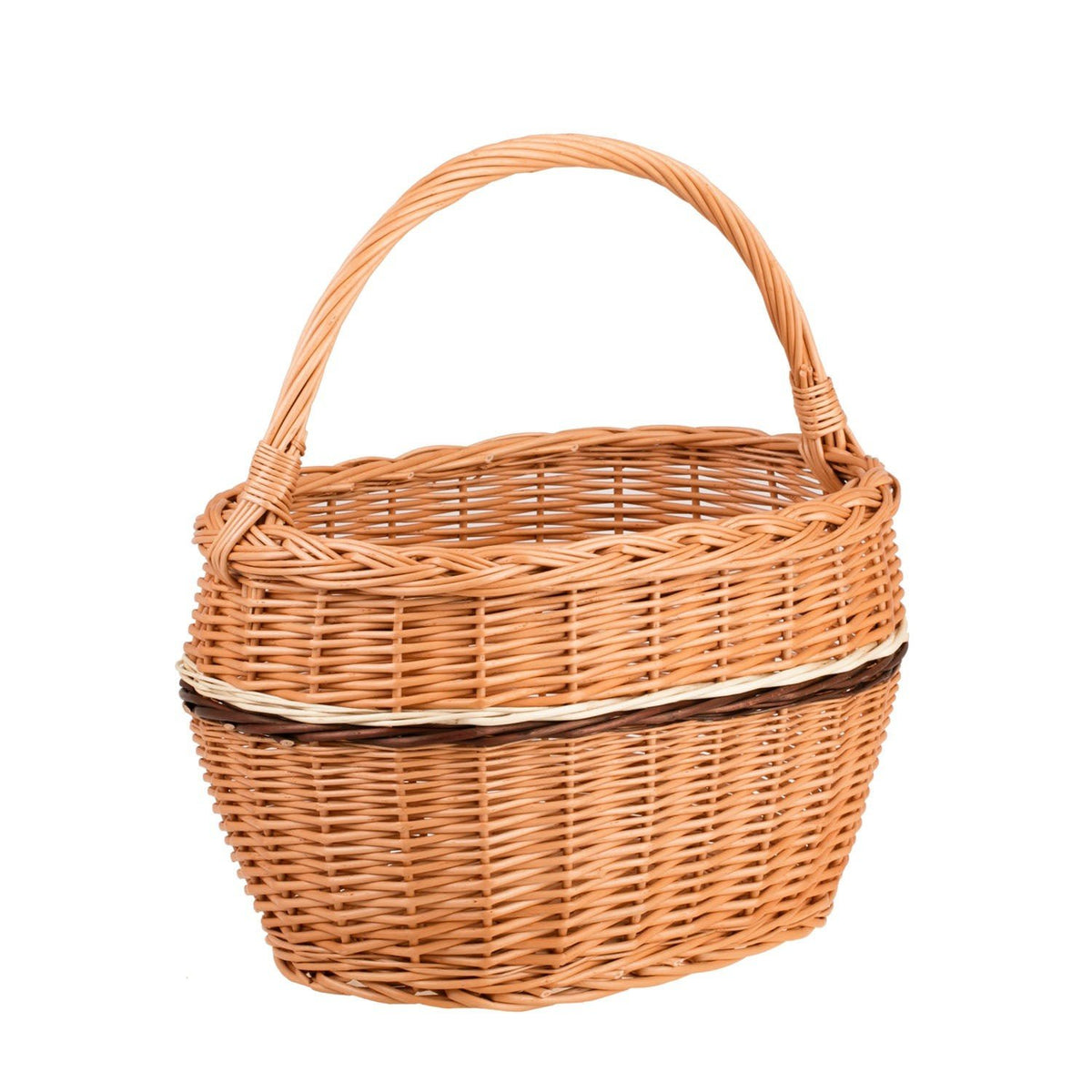 2. Studio shot of Walissa shopping basket with wicker handle, showcasing hand-woven natural wicker design and sturdy construction, highlighting eco-friendly and durable craftsmanship by Wicker Stories.