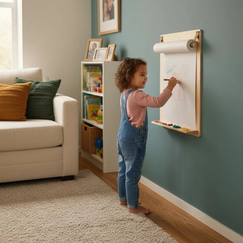 1. Child drawing on wall-mounted board in living room with books and sofa