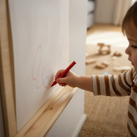 1. Child drawing on wall-mounted board with red crayon in playroom