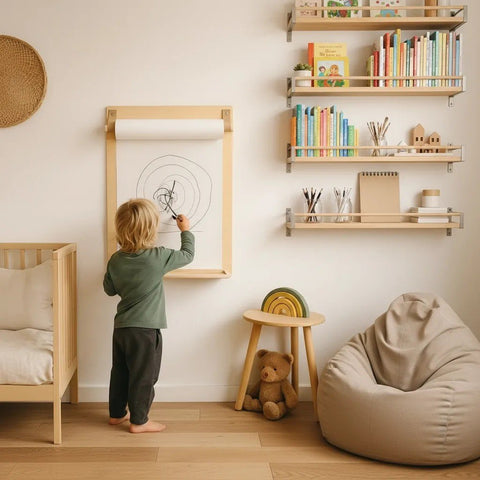 1. Child using wooden wall-mounted drawing board in cozy playroom with bookshelves and toys