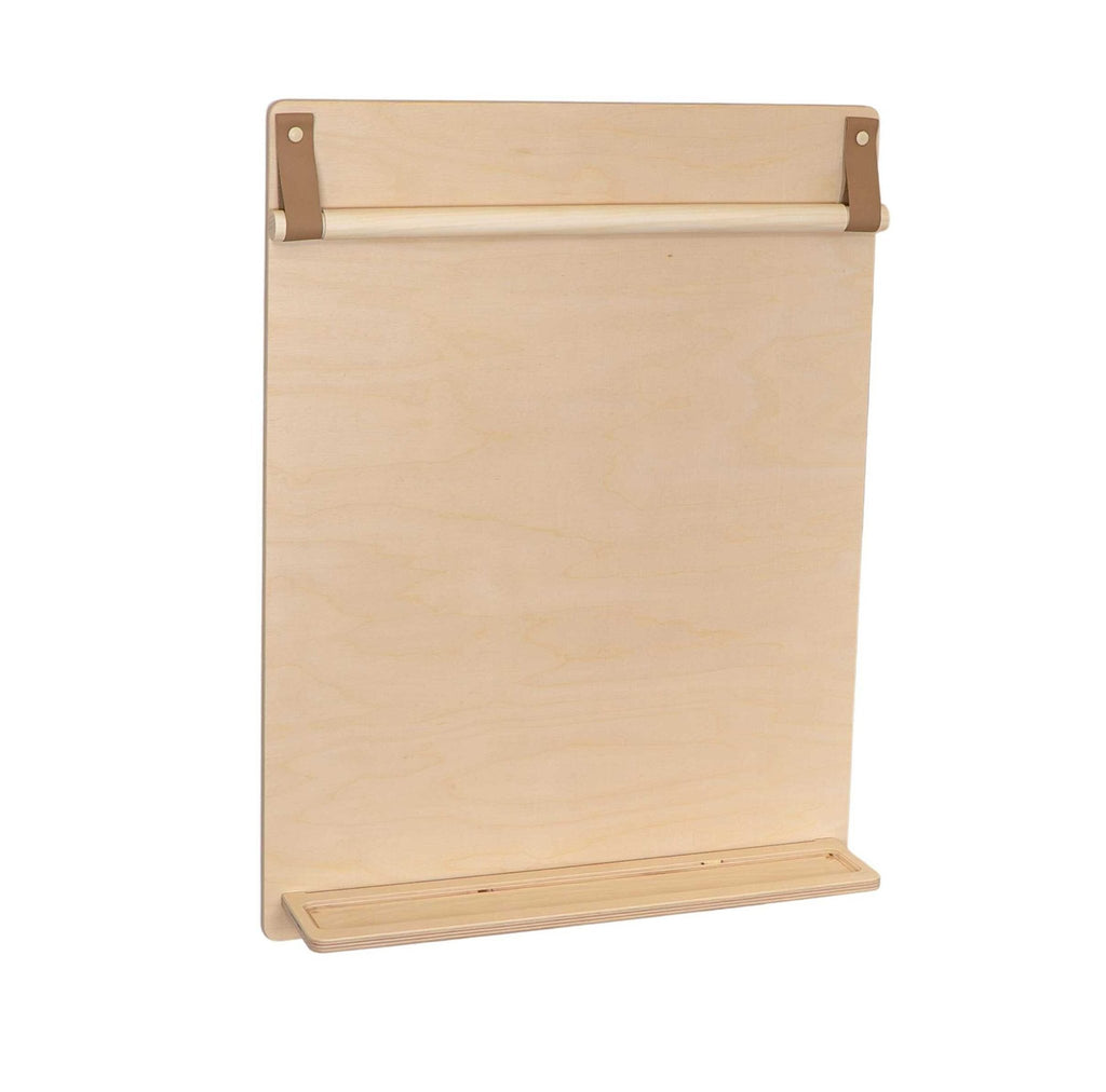 2. Wooden wall-mounted drawing board with empty paper roll and pencil ledge