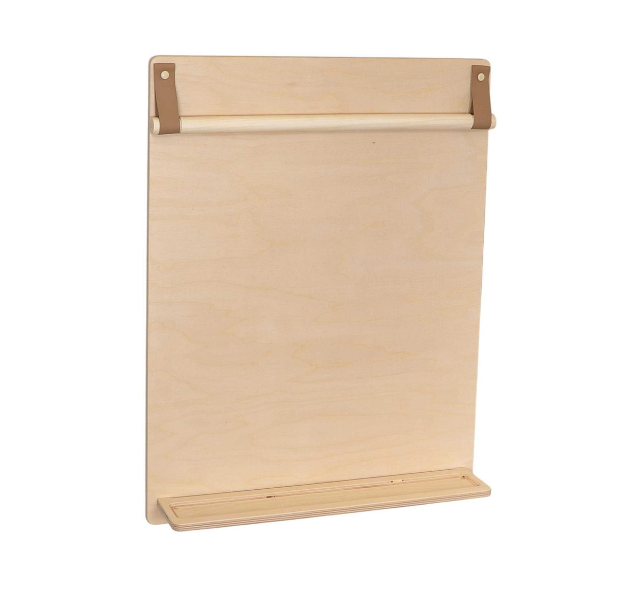 2. Wooden wall-mounted drawing board with empty paper roll and pencil ledge
