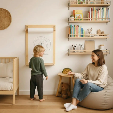1. Child and adult interacting near wall-mounted drawing board in playroom