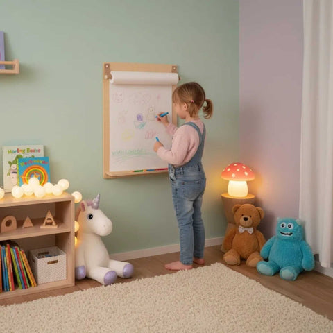 1. Child drawing on wall-mounted board in colorful playroom with toys and books