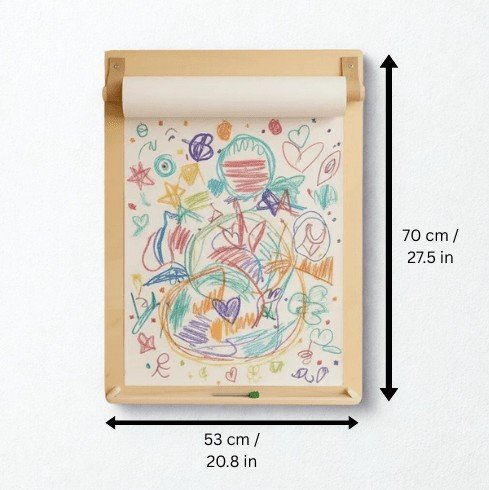 5. Size chart for wall-mounted drawing board with colorful drawings and dimensions 70cm by 53cm