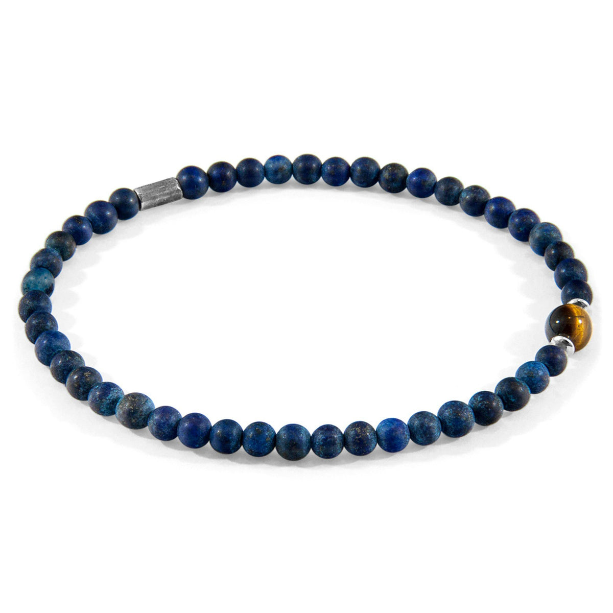 1. ANCHOR & CREW Walter Silver and Stone SKINNY Bracelet with blue sodalite and brown tigers eye stones, shown in studio setting