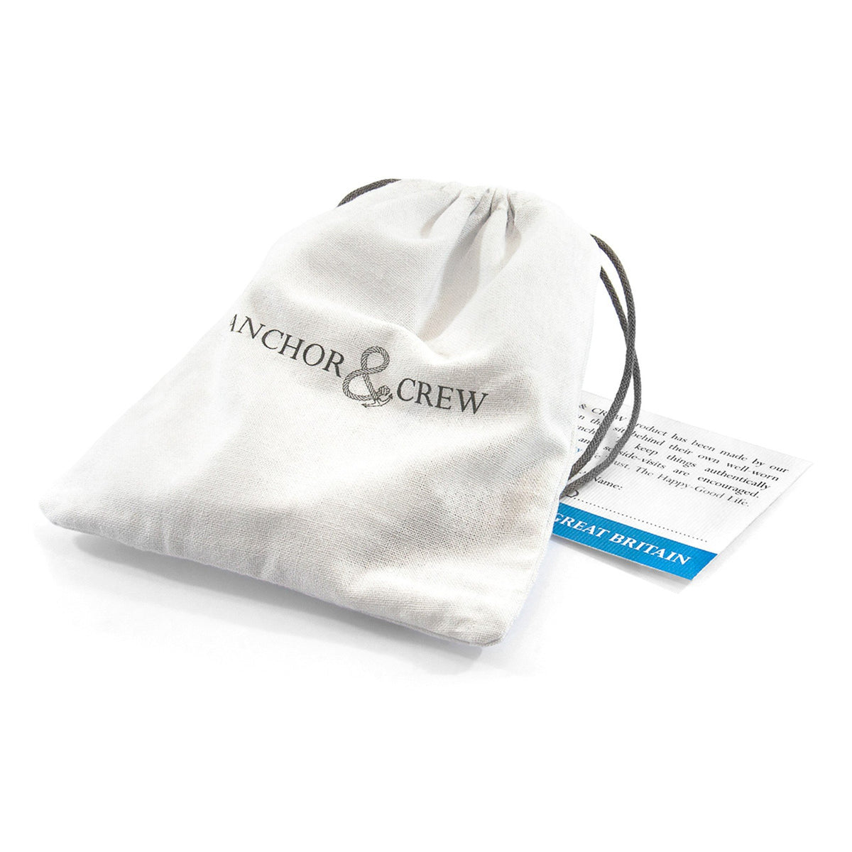 3. ANCHOR & CREW branded drawstring pouch for Edward Silver and Rope SKINNY Bracelet, with Great Britain tag