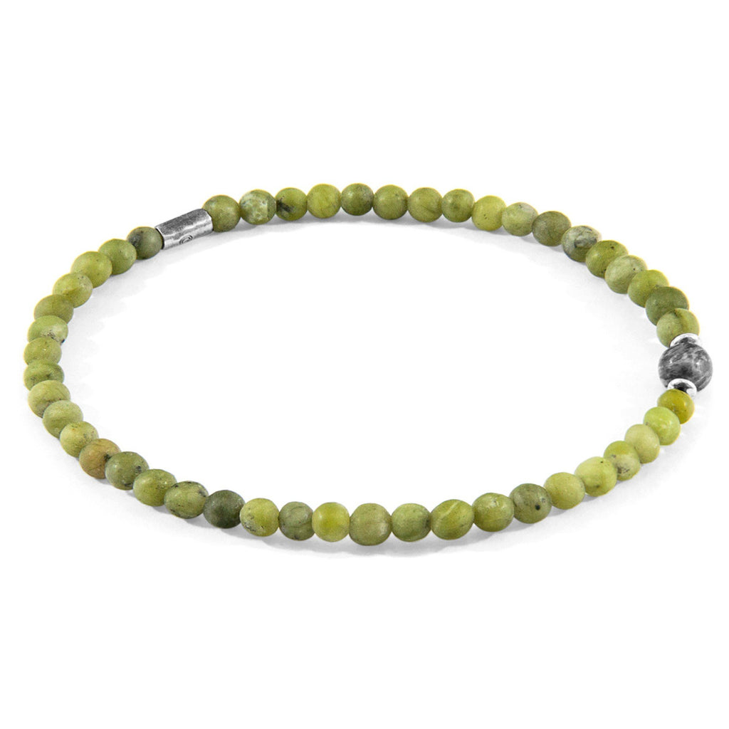 1. ANCHOR & CREW Walter Silver and Stone SKINNY Bracelet with green jade and grey jasper stones, shown in studio setting