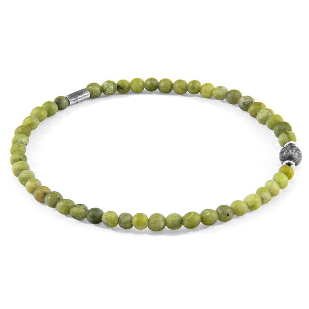 1. ANCHOR & CREW Walter Silver and Stone SKINNY Bracelet with green jade and grey jasper stones, shown in studio setting
