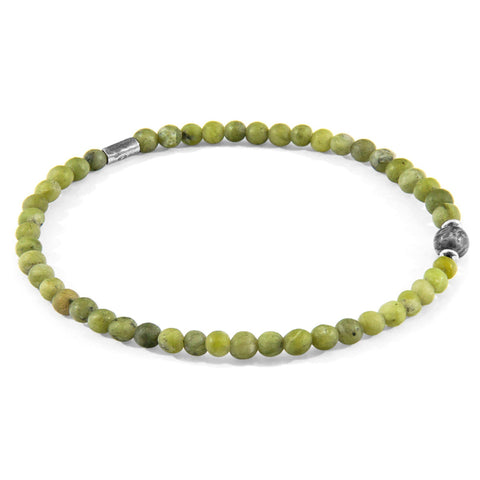 1. ANCHOR & CREW Walter Silver and Stone SKINNY Bracelet with green jade and grey jasper stones, shown in studio setting