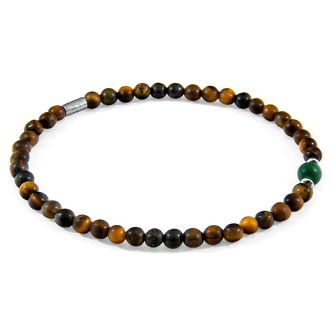 1. ANCHOR & CREW Walter Silver and Stone SKINNY Bracelet with brown tigers eye and green jade stones, shown in studio