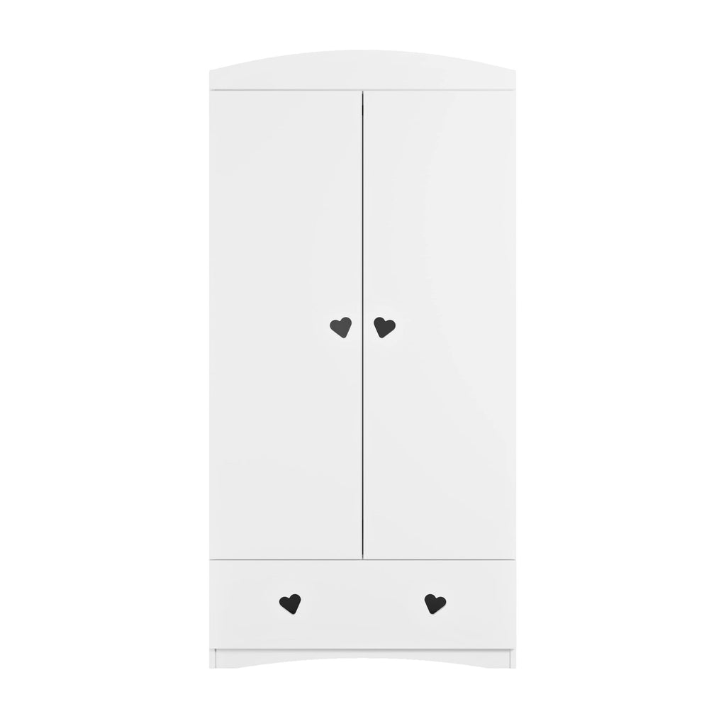2. White Julia wardrobe with heart-shaped handles and bottom drawer, shown from front in studio setting