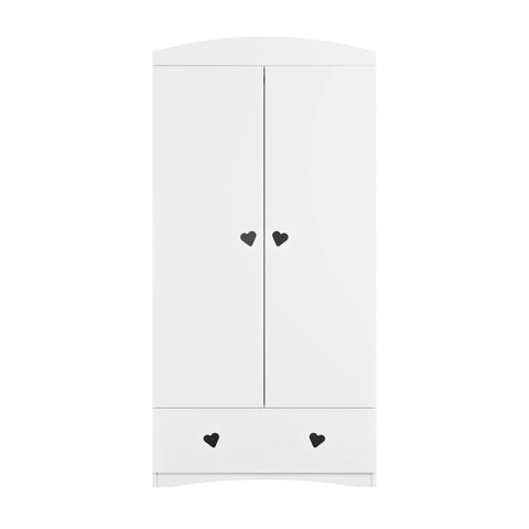 2. White Julia wardrobe with heart-shaped handles and bottom drawer, shown from front in studio setting