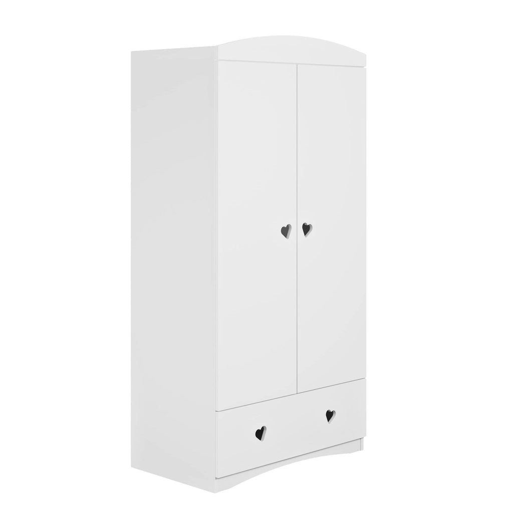2. White Julia wardrobe with heart-shaped handles and bottom drawer, angled view from opposite side in studio setting
