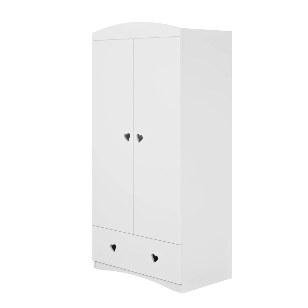 2. White Julia wardrobe with heart-shaped handles and bottom drawer, angled view in studio setting
