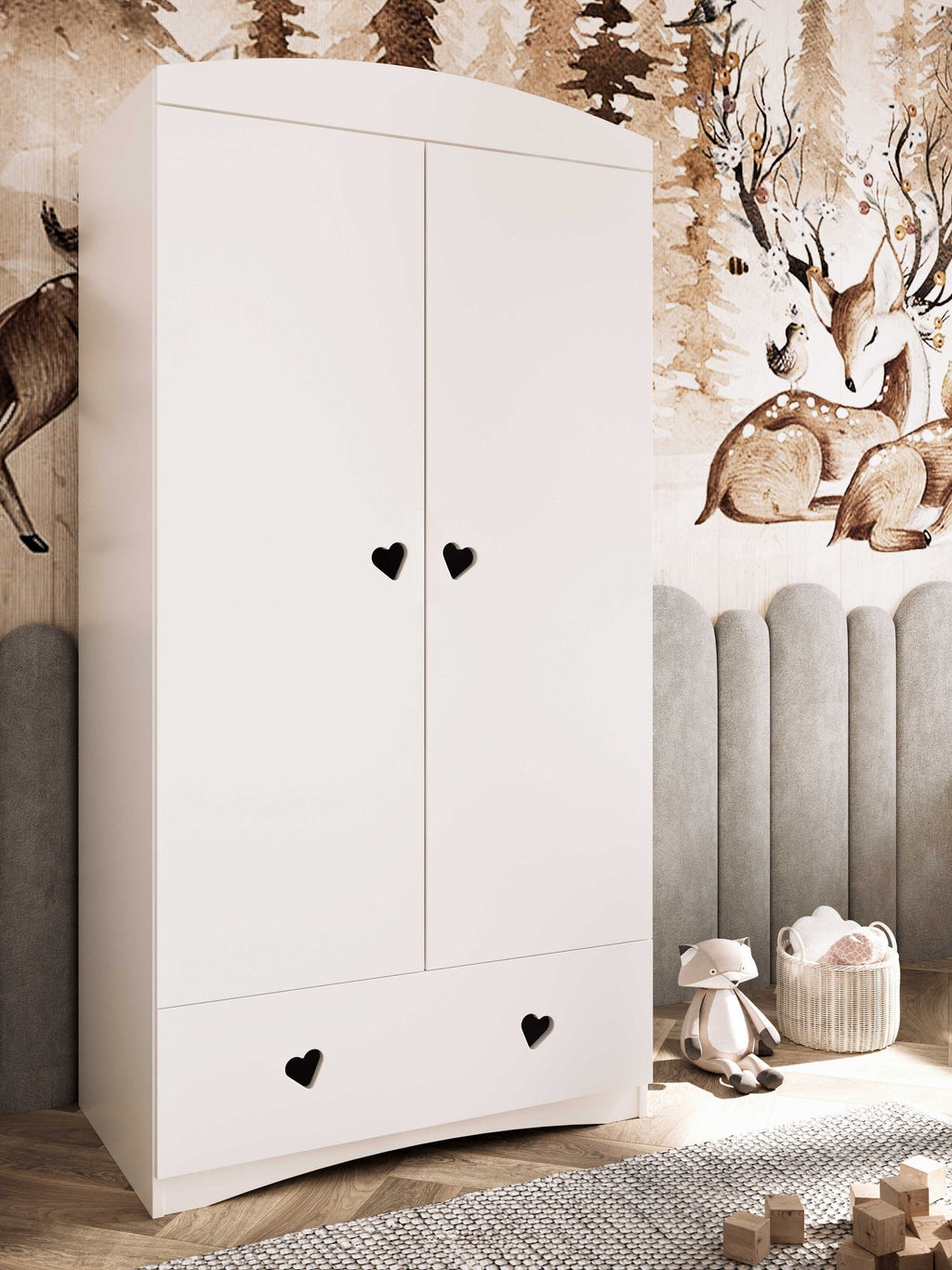 1. White Julia wardrobe with heart-shaped handles in children's room with woodland theme decor