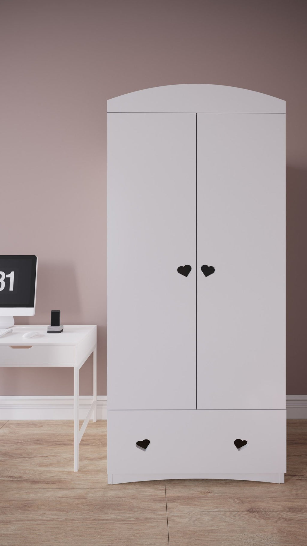 1. White Julia wardrobe with heart-shaped handles next to desk in modern room