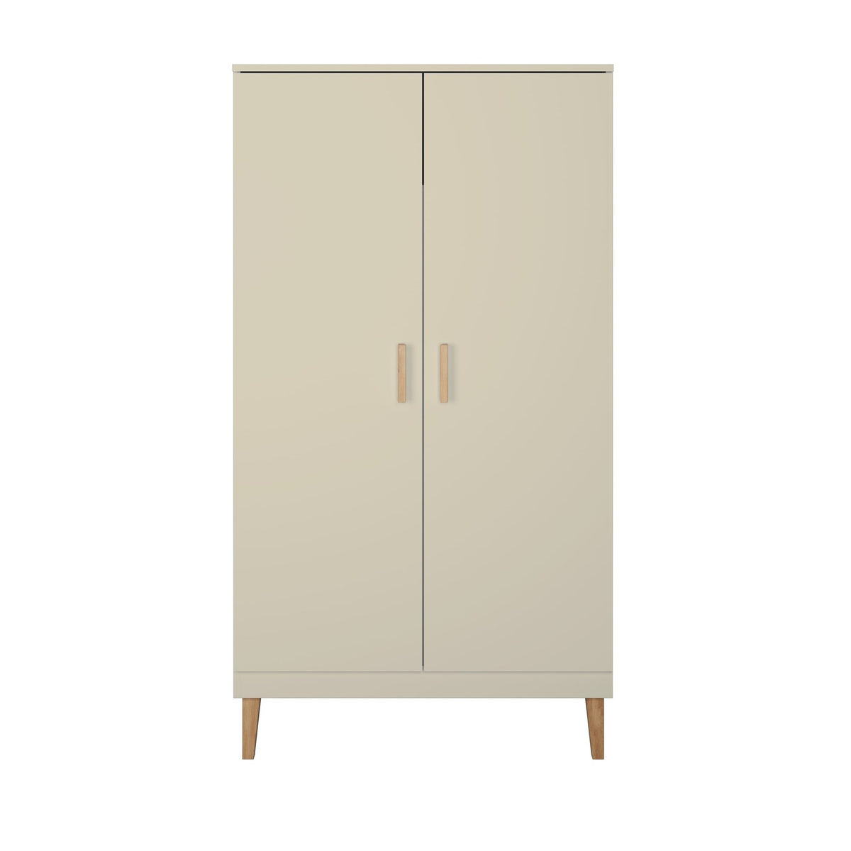 2. Studio shot of Scandinavian-style wardrobe with beige finish and oak handles and legs, by Kocot Kids