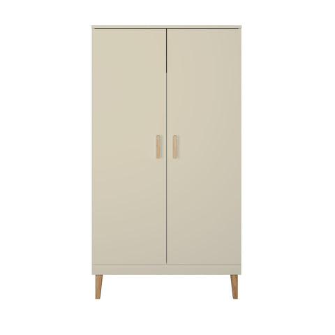 2. Studio shot of Scandinavian-style wardrobe with beige finish and oak handles and legs, by Kocot Kids