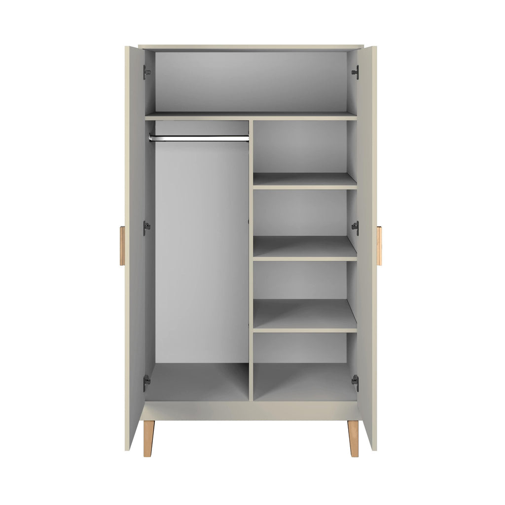 3. Interior view of wardrobe showing adjustable shelves and hanger rail, with soft-close doors