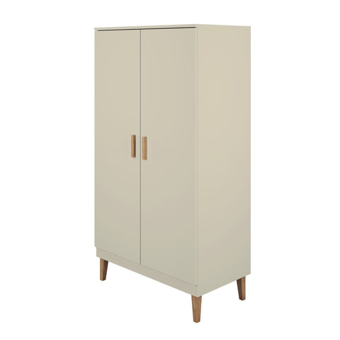 2. Angled studio view of beige wardrobe with oak handles and legs, showcasing minimalist design