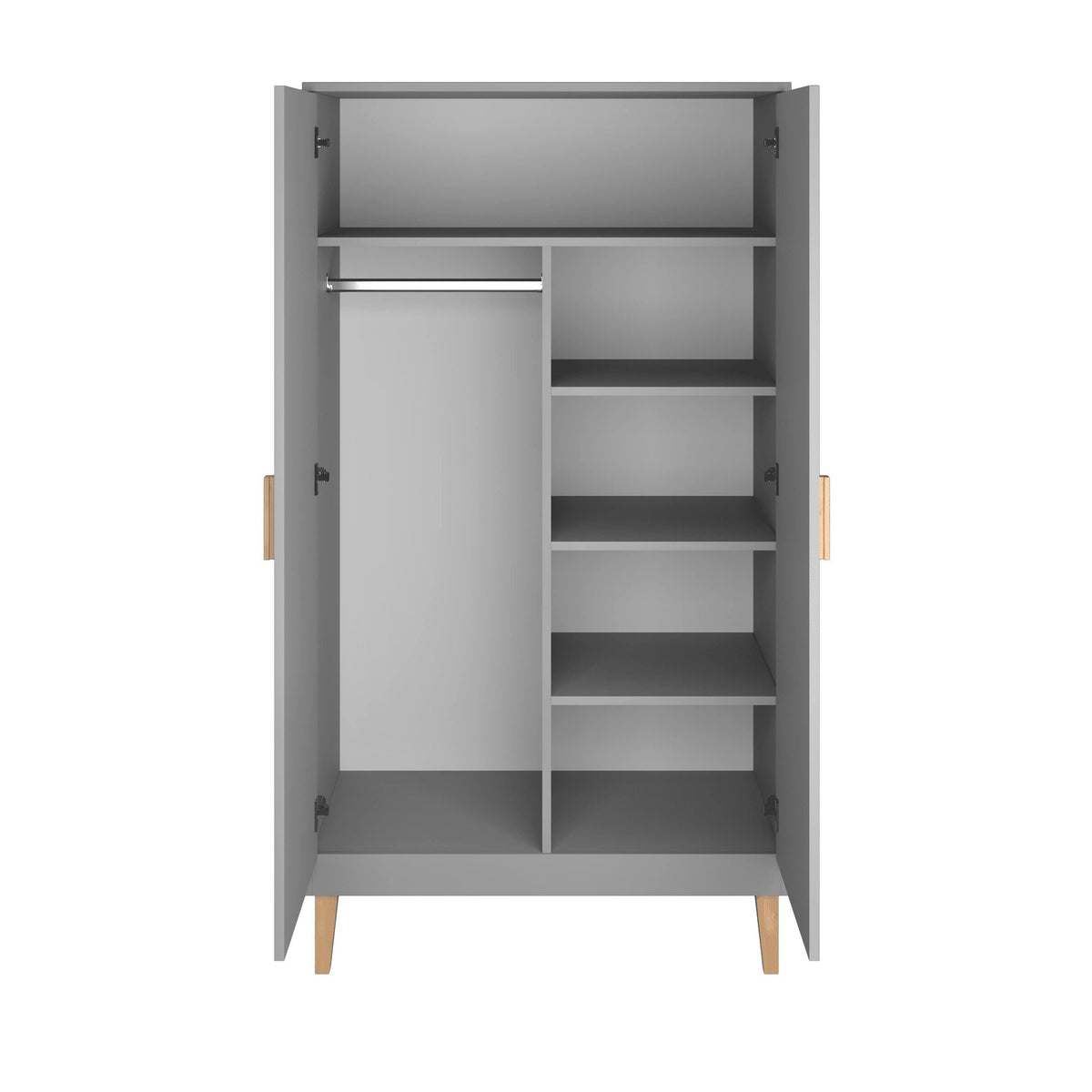 3. Interior of grey wardrobe showing adjustable shelves and hanger rail
