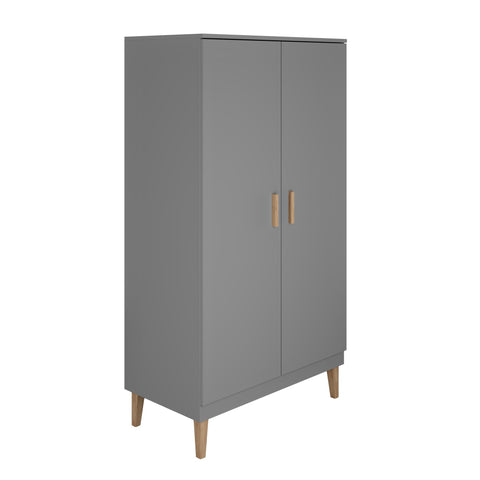 2. Side view of grey wardrobe with oak handles and legs in studio setting