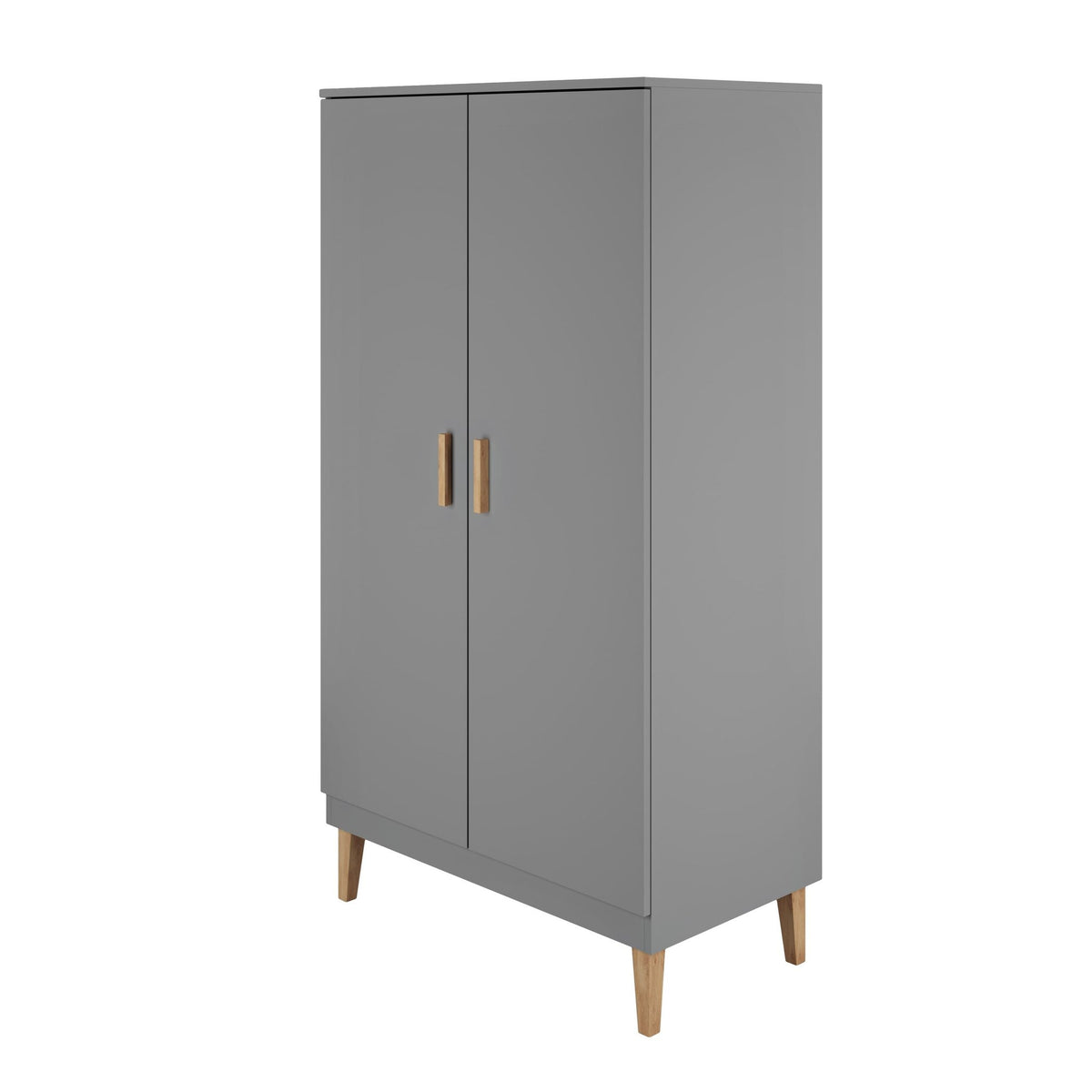 2. Angled view of grey wardrobe with oak handles and legs in studio setting