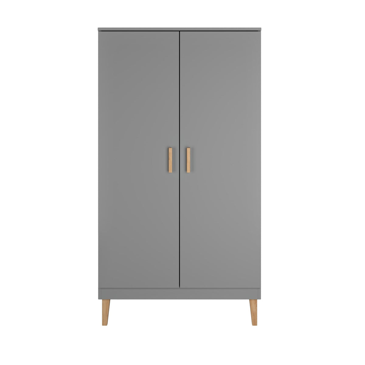 2. Grey Scandinavian-style wardrobe with oak handles and legs, shown in studio setting