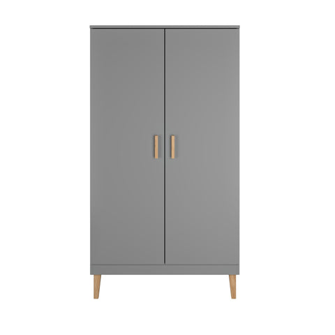 2. Grey Scandinavian-style wardrobe with oak handles and legs, shown in studio setting