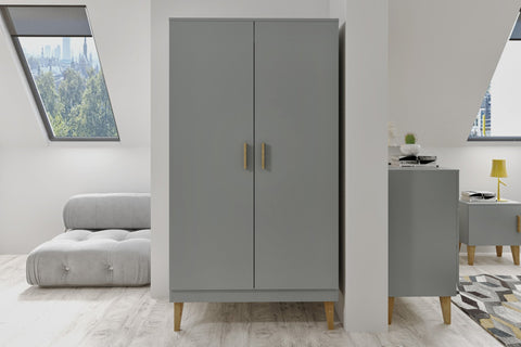1. Grey wardrobe in a bright room with large windows and modern decor