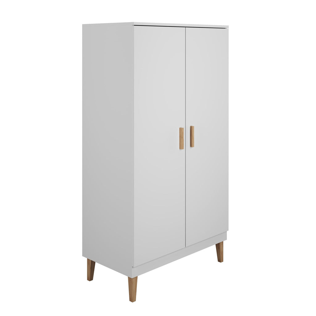 2. Angled side view of white Kubi wardrobe with oak handles and legs