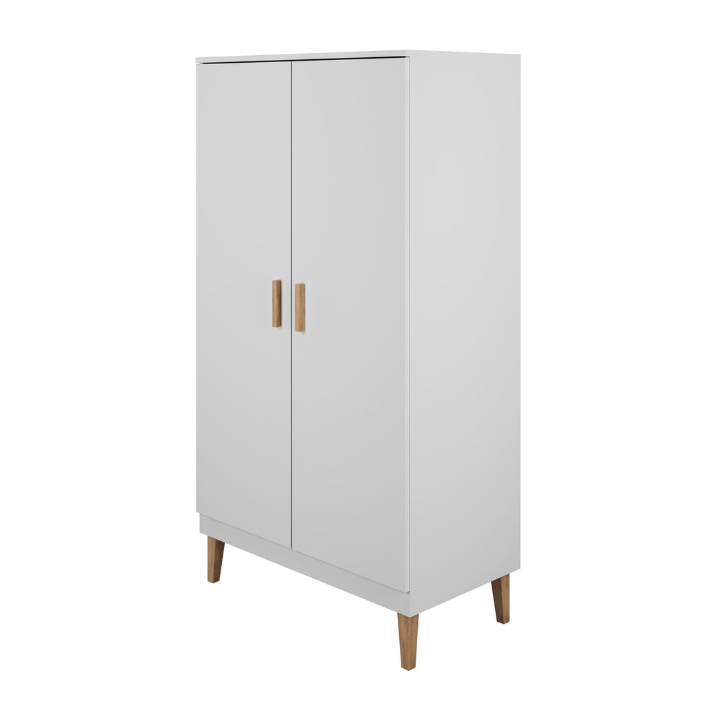 6. Angled view of white Kubi wardrobe with oak handles and legs
