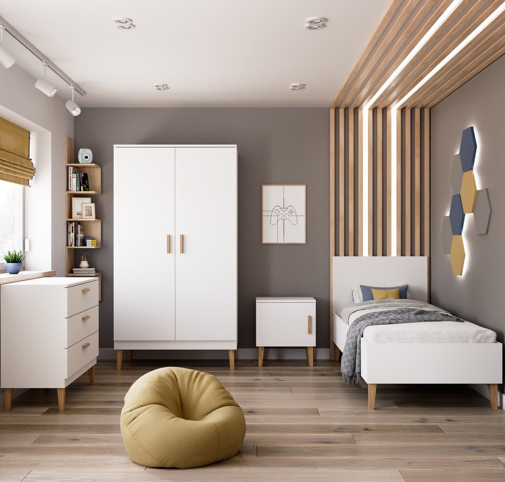 7. White Kubi wardrobe in a stylish bedroom with wooden accents and modern decor
