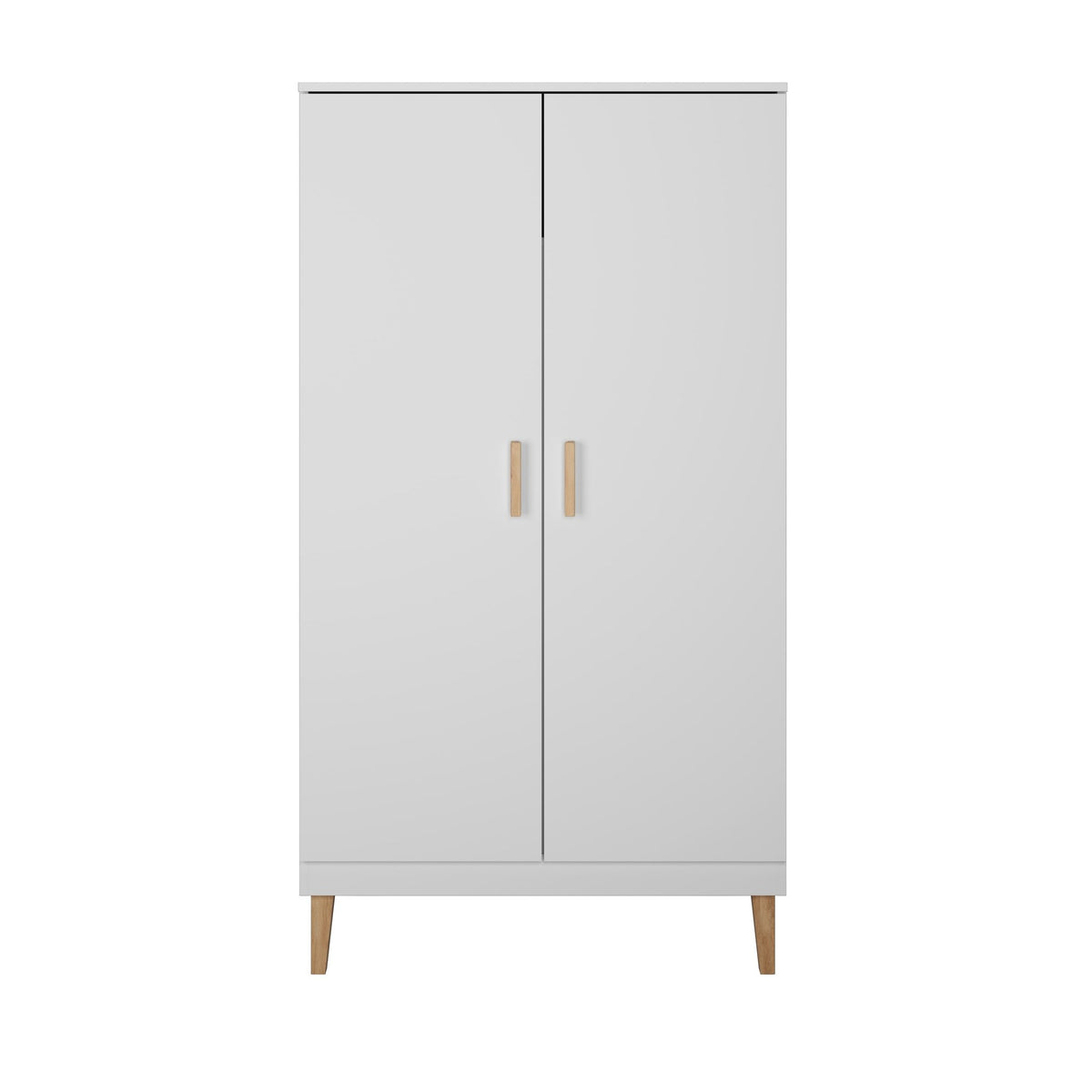 1. Front view of white Kubi wardrobe with oak handles and legs in a minimalist design