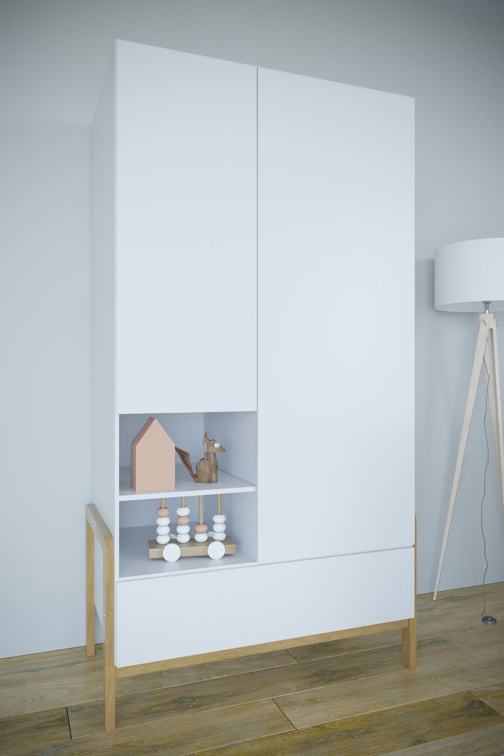 1. Kocot Kids Victor wardrobe in a modern room with toys on open shelves