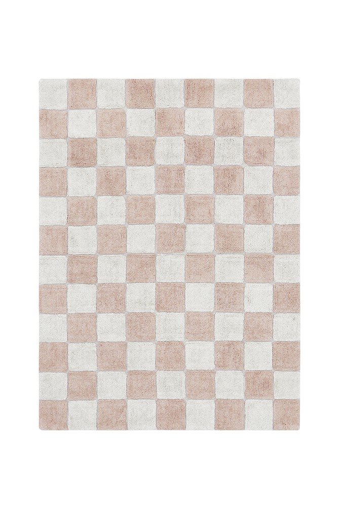 2. Studio shot of Lorena Canals washable cotton rug with rose and white checkerboard pattern, 120x160 cm