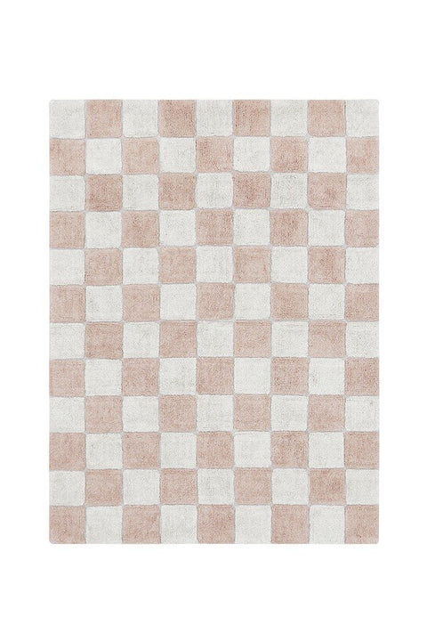 2. Studio shot of Lorena Canals washable cotton rug with rose and white checkerboard pattern, 120x160 cm
