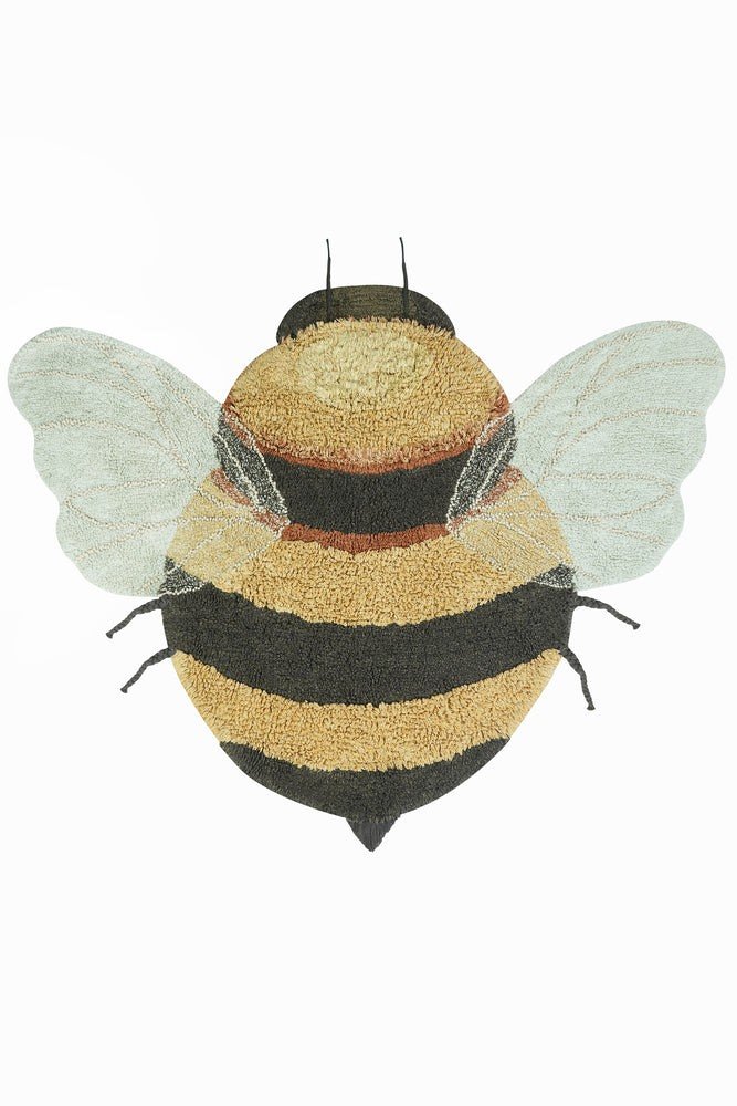 1. Bee-shaped rug with honey and dark gray stripes, light blue wings, and dark gray antennae on a white background