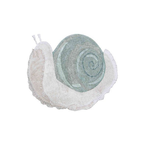 2. Studio shot of snail-shaped rug with sage blue spiral shell and natural body
