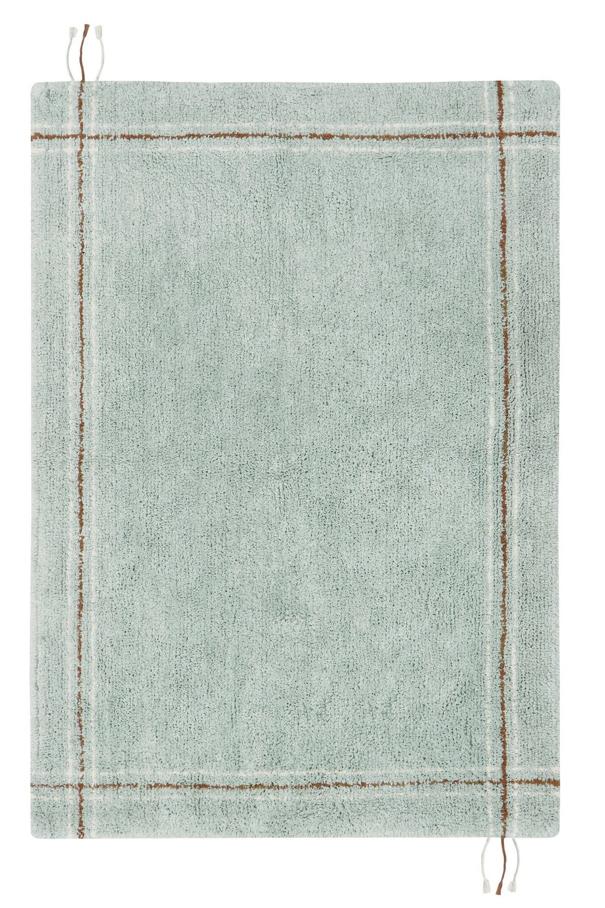 2. Studio shot of Lorena Canals washable rug in Blue Sage with Vintage Blue and Toffee stripes, showing braided edges on a clean white background
