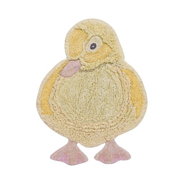 1. Light yellow duck-shaped rug with pink beak and feet, showcasing three-dimensional texture on a white background
