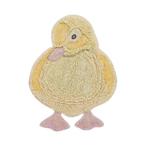1. Light yellow duck-shaped rug with pink beak and feet, showcasing three-dimensional texture on a white background