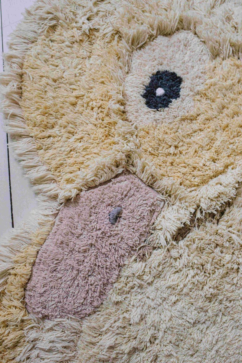 6. Close-up of light yellow duck-shaped rug's face with pink beak and dark eye