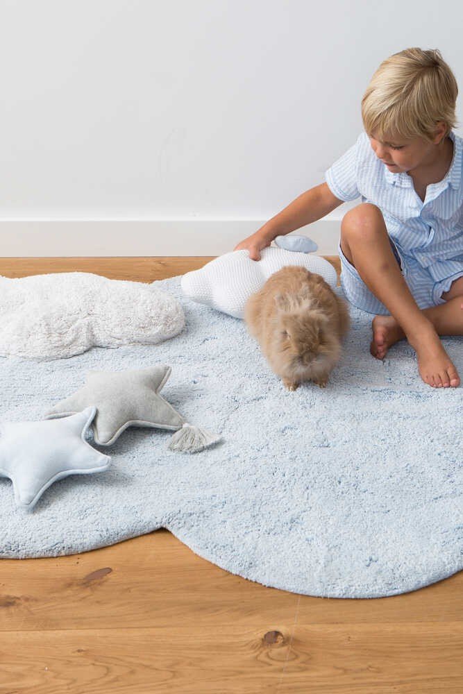 1. Child playing with a rabbit on a blue cloud-shaped rug with star and cloud pillows in a bright room