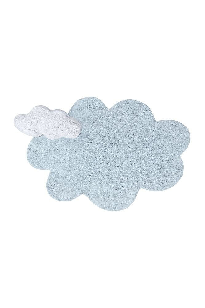 2. Blue cloud-shaped washable rug with attached white cloud pillow, made of 100% cotton, shown on a white background